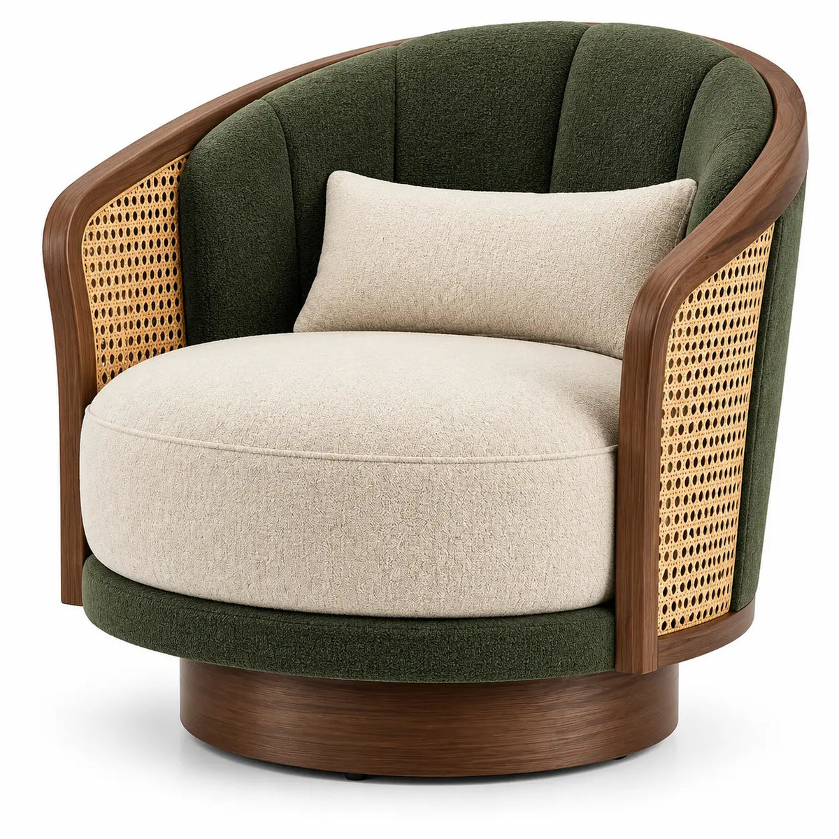 Poltrona, scocca intrecciata e base circolare, marrone/verde/beige
