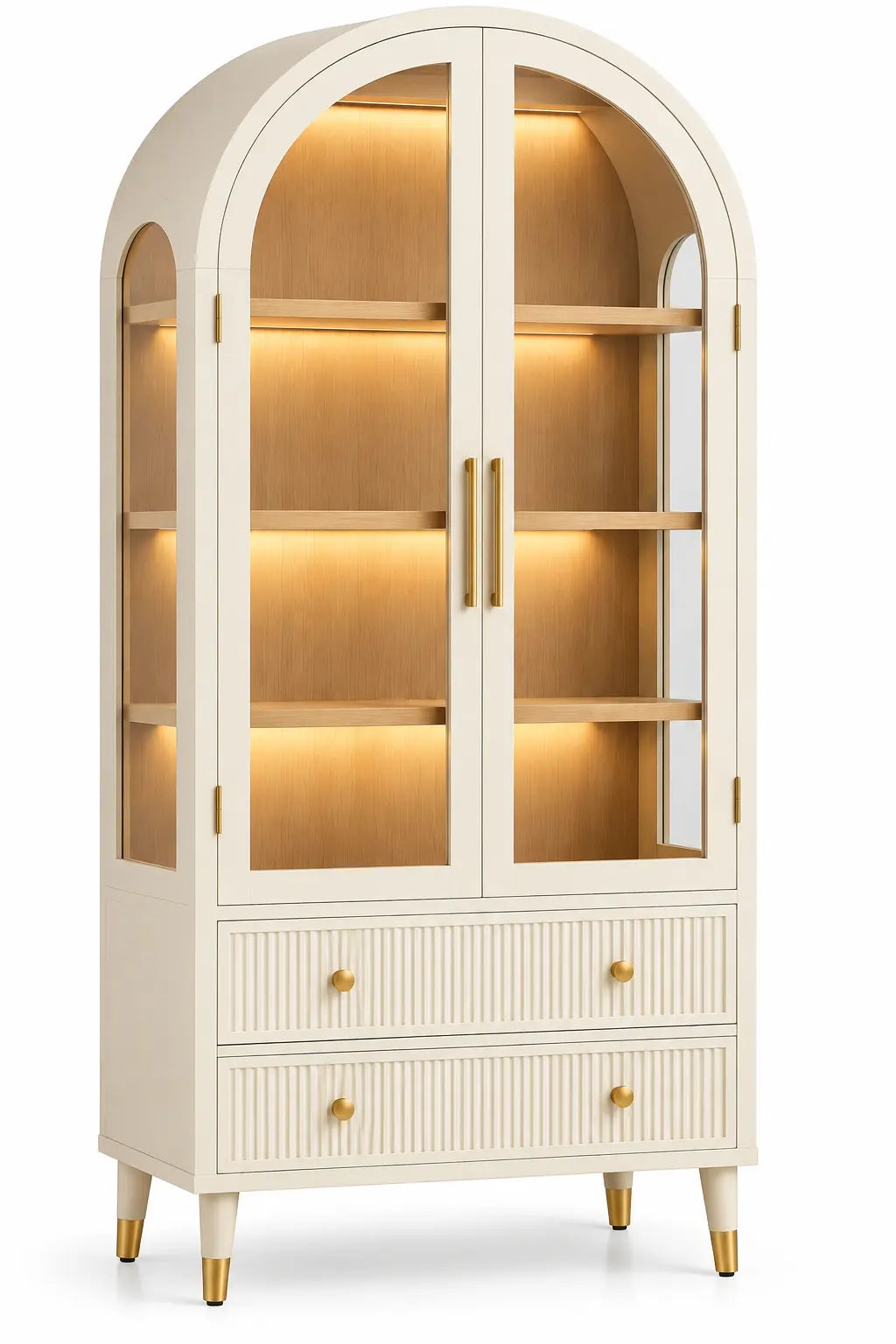 Vetrina, profilo arcuato e cassetti inferiori, beige/marrone